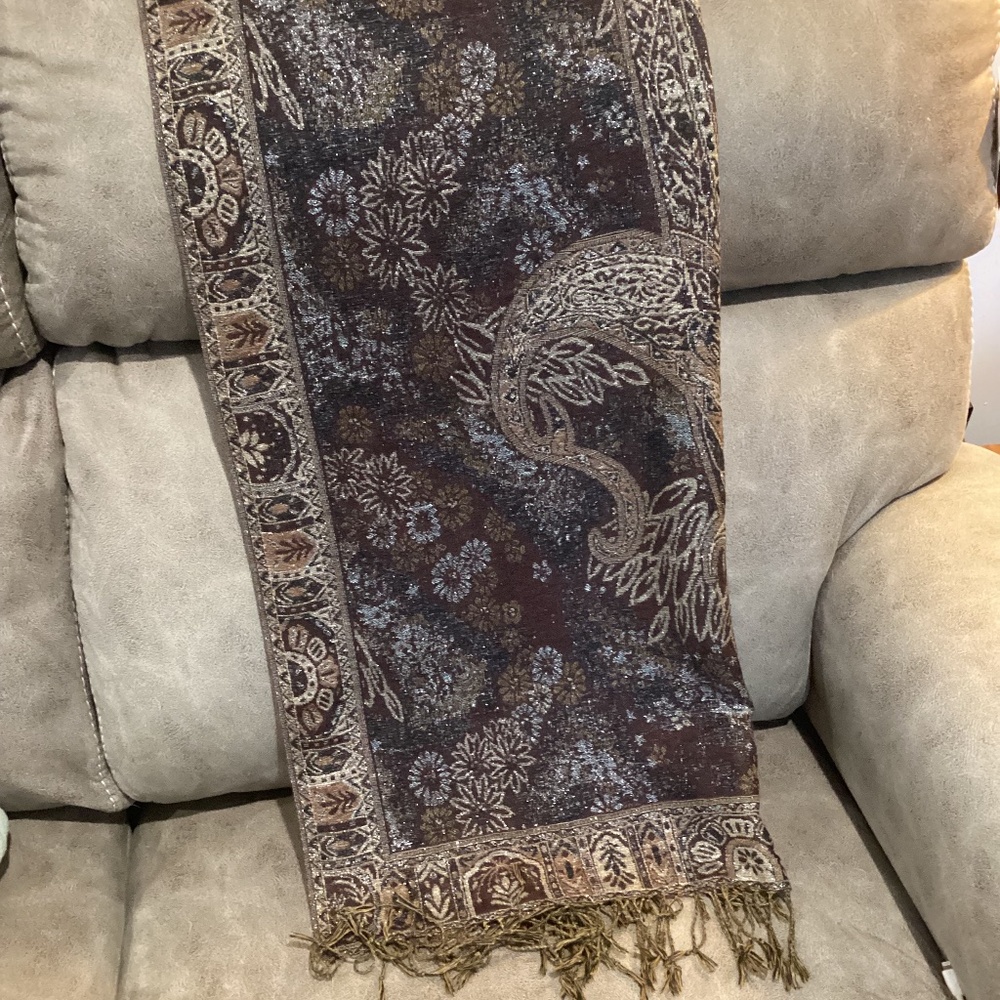 Silk and wool brown and gold shimmer floral scarf shawl new condition